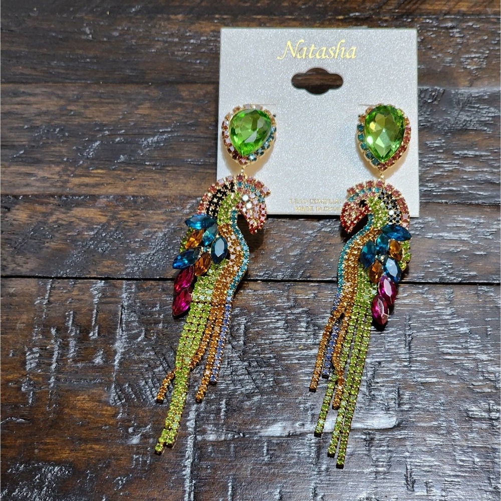 Natasha tropical jeweled 5 inch bird‎ parrot earrings new